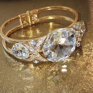 Elegant Women's Gold Tone Statement Large Rhinestone Hinged Wrap Cuff Bracelet